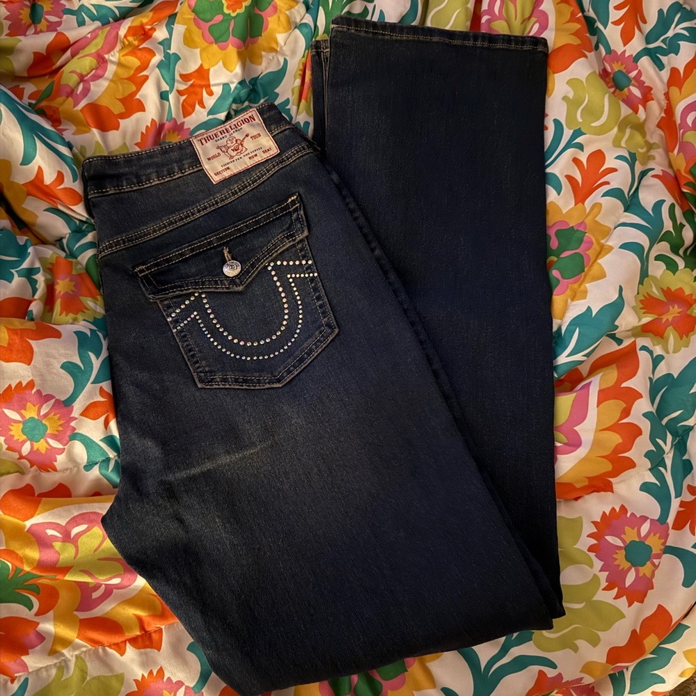 True Religion Women's Blue Jeans Rhinestone Becca bootcut size 32 mid rise